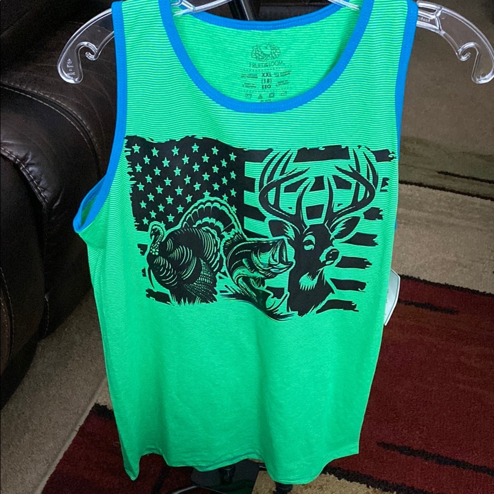 Fruit of the Loom Green and Blue Tank Top with Graphic Design